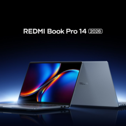 Imagem principal do Xiaomi Redmibook 14 Pro 2026, vista inclinada com halo azul e logo REDMI