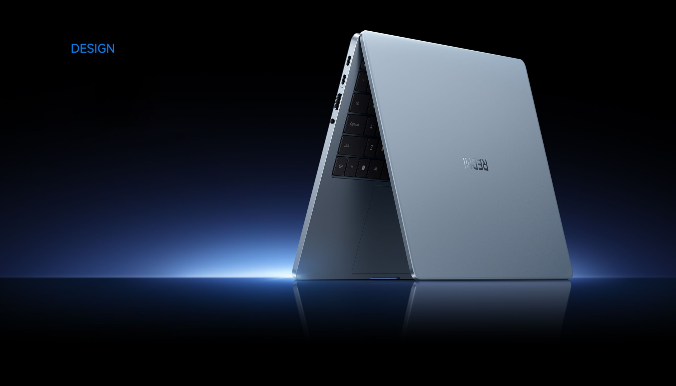 Secção design: chassis em alumínio monobloco do Xiaomi Redmibook 14 Pro 2026 em cor Azul celeste
